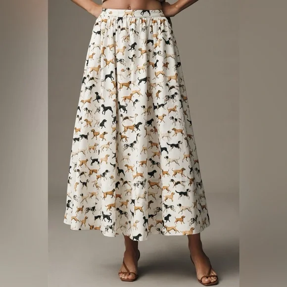 Anthropologie The Jacie Poplin Printed Maxi Skirt by Maeve - White Dog Print - Picture 1 of 5